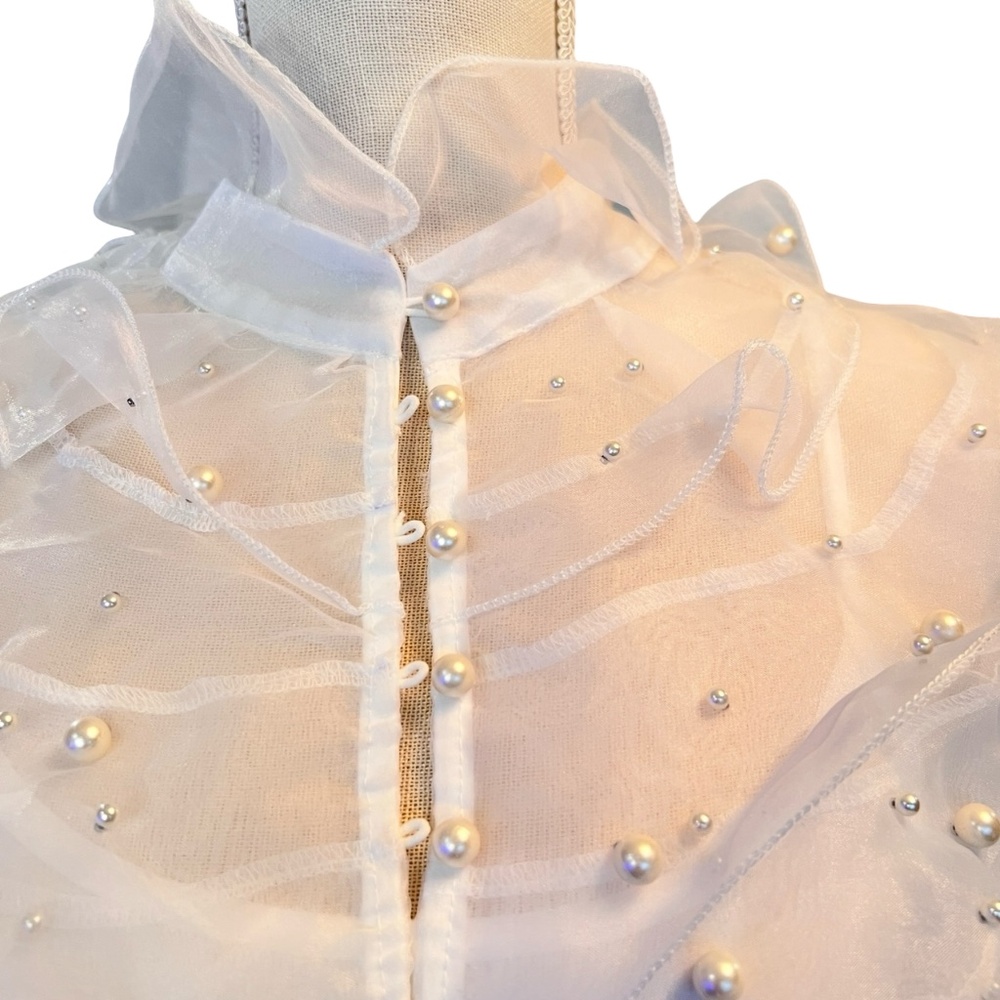 #A015  RomanticStyle EveningGlam  Nancy  White  Organza  Pearl  Ruffle Top NWT M - Picture 5 of 11